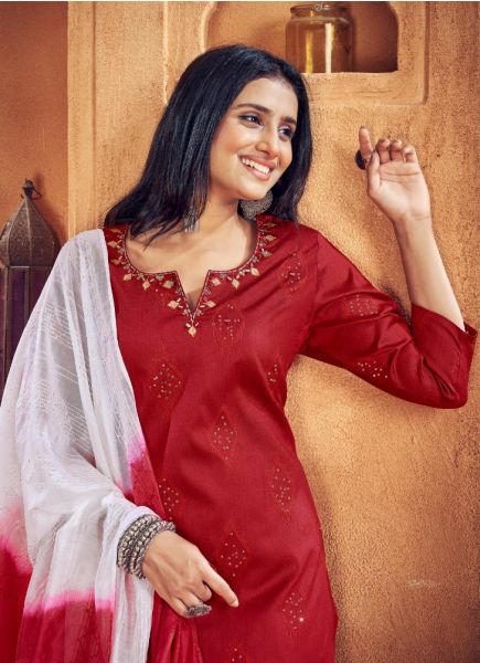 Red Jacquard Silk Embroidered Office-Wear Pant-Bottom Readymade Salwar Kameez