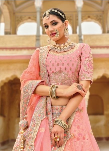 Pink Silk Embroidery & Handwork Wedding-Wear Bridal Lehenga Choli