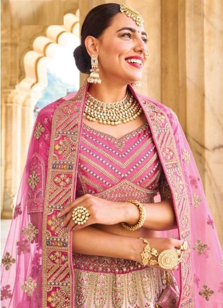 Pink Velvet Embroidery & Handwork Wedding-Wear Bridal Lehenga Choli