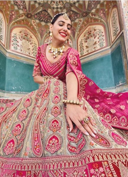 Light Gray & Magenta Velvet Embroidery & Handwork Wedding-Wear Bridal Lehenga Choli