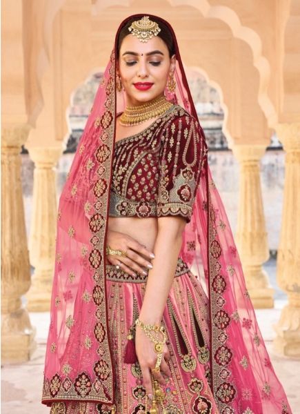 Pink & Maroon Velvet Embroidery & Handwork Wedding-Wear Bridal Lehenga Choli
