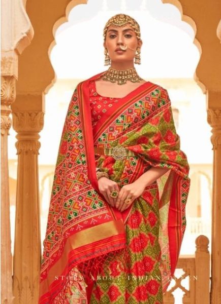 Olive Green & Red Tusser Silk Weaving Festive-Wear Saree