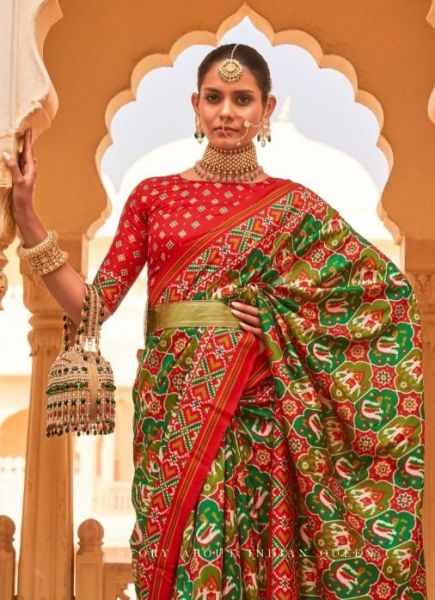 Green & Red Tusser Silk Weaving Festive-Wear Saree
