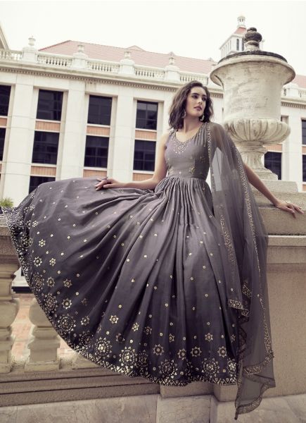 Light Lavender Grey Chinon Thread, Embroidery & Sequins-Work Party-Wear Gown With Dupatta
