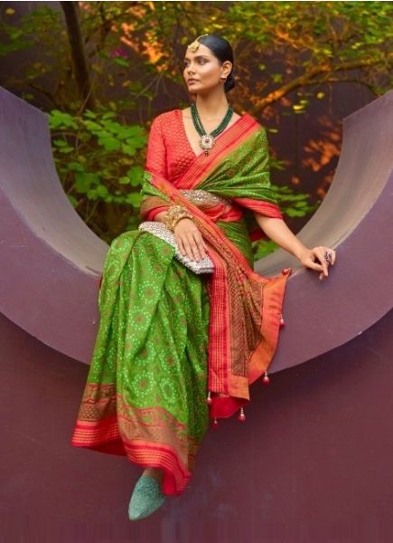 Parrot Green Brasso Weaving Festive-Wear Saree