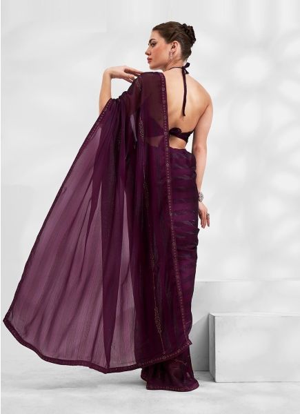Dark Purple Moss Chiffon Swarovski Work Boutique-Style Saree For Kitty Parties