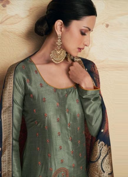Sage Green Silk Weaving Festive-Wear Jacquard Salwar Kameez