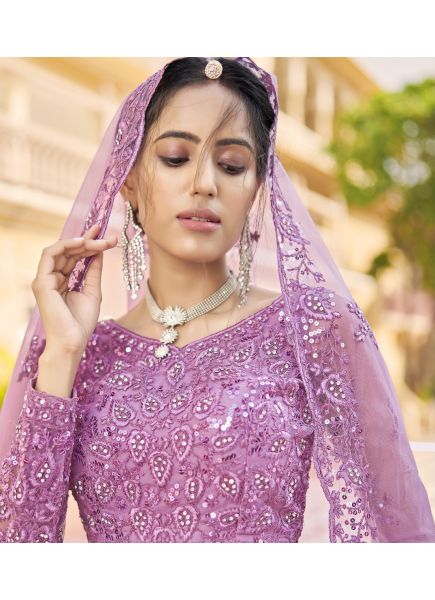 Lavender Net With Embroidery & Zarkan-Work Wedding-Wear Stylish Lehenga Choli