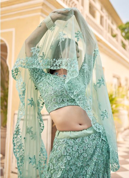 Light Teal Blue Net With Embroidery & Zarkan-Work Wedding-Wear Stylish Lehenga Choli
