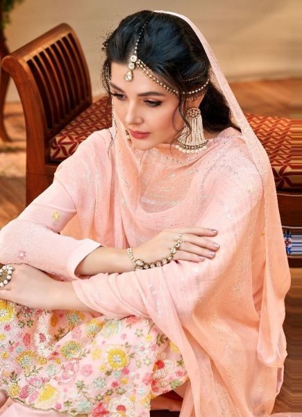 Light Pink Viscose Bemberg Georgette Embroidered, Thread & Sequins-Work Festive-Wear Salwar Kameez