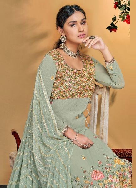 Light Sage Green Viscose Bemberg Georgette Embroidered, Thread & Sequins-Work Festive-Wear Salwar Kameez