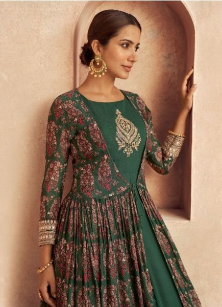 Dark Green Georgette Chinon Embroidered Readymade Indo-Western Outfit