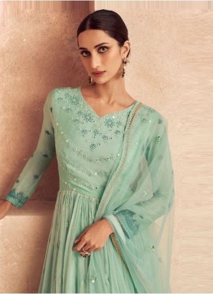 Mint Green Georgette Chinon Embroidered Readymade Indo-Western Outfit