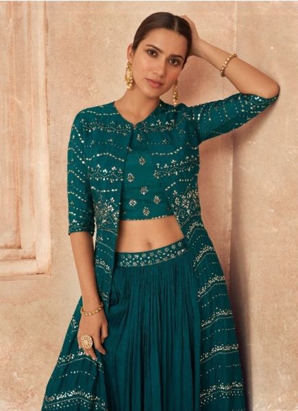 Dark Teal Blue Georgette Chinon Embroidered Readymade Indo-Western Outfit