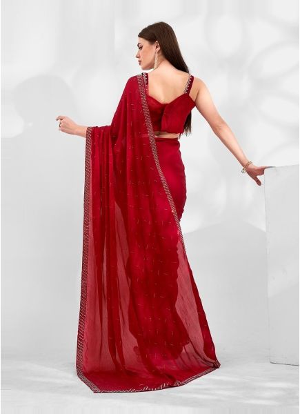 Red Satin Chiffon Swarovski Work Party-Wear Boutique-Style Saree