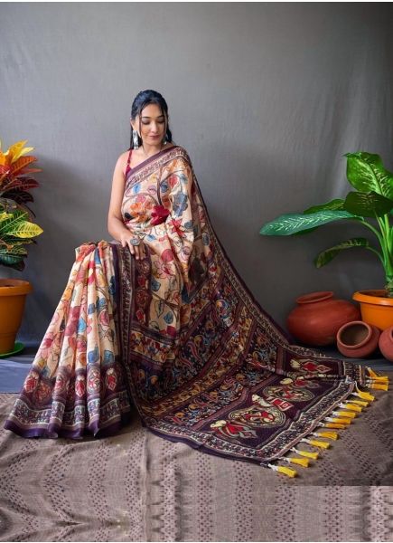 Light Peach Cotton Kalamkari Digital Printed Festive-Wear Saree