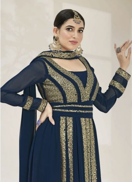 Sea Blue Georgette Embroidered Party-Wear Trending Salwar Kameez