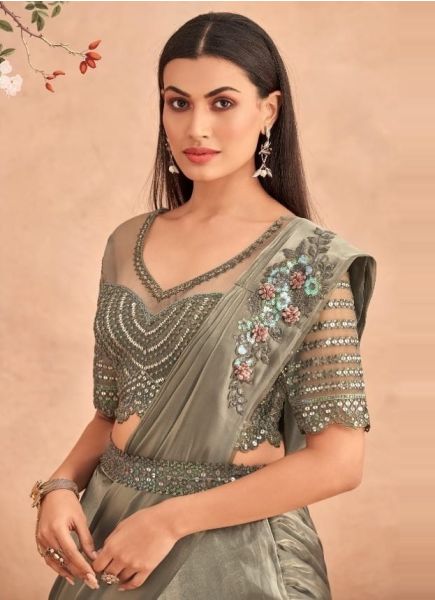 Brownish Gray Silk Handwork Party-Wear Stylish Lehenga Saree With Attached Dupatta