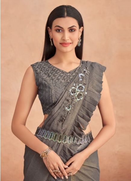 Gray Georgette Handwork Party-Wear Stylish Lehenga Saree With Attached Dupatta