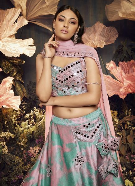 Pink & Light Aqua Velvet Shibori Print With Sequins, Embroidery & Mirror Work Party-Wear Sensual Lehenga Choli