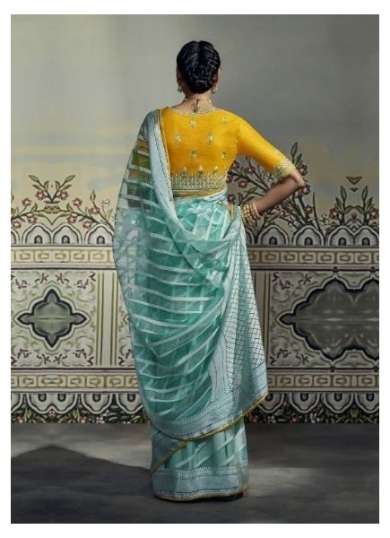 Light Teal Blue Organza With Brasso Weaving Party-Wear Saree