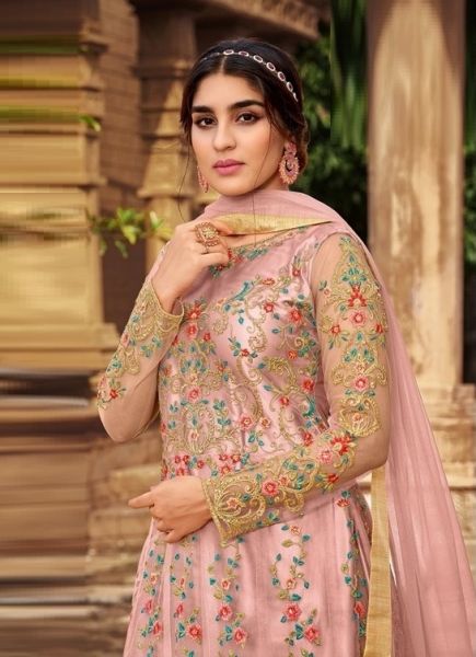 Light Pink Net With Embroidery & Thread-Work Party-Wear Anarkali Salwar Kameez