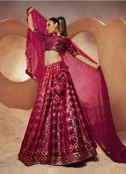 Burgundy Velvet With Embroidery & All-Over Mirror & Sequins-Work Wedding-Wear Stylish Lehenga Choli