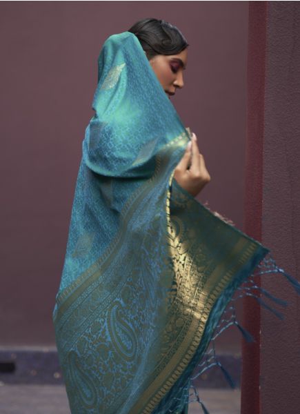 Light Teal Blue Satin Silk Weaving Party-Wear Handloom Saree