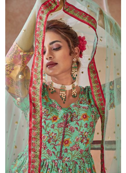 Mint Green & Yellow Silk Embroidered Digital Printed Festive-Wear Readymade Gown With Dupatta