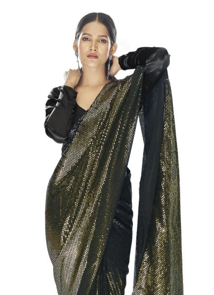 Black & Olive Green Georgette With Embroidery, Thread & Sequins-Work Party-Wear Saree