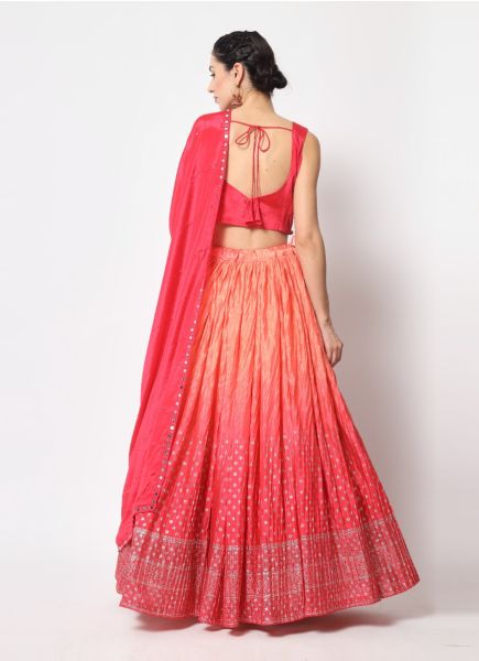 Coral Red Chinon Silk With Foil-Print & Sequins-Work Party-Wear Stylish Lehenga Choli