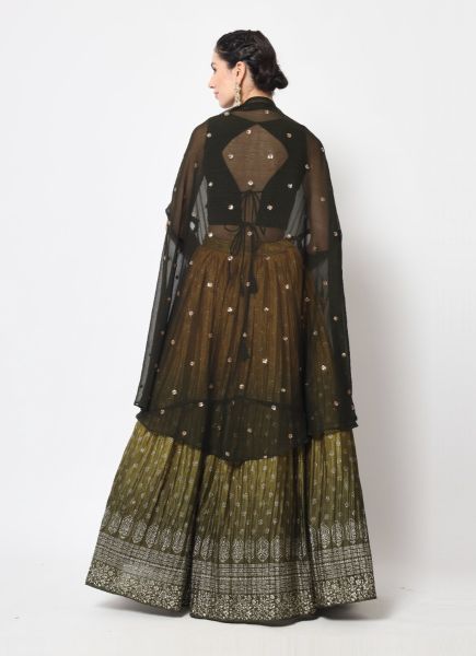 Yellow & Olive Green Chinon Silk With Foil-Print & Sequins-Work Party-Wear Stylish Lehenga Choli
