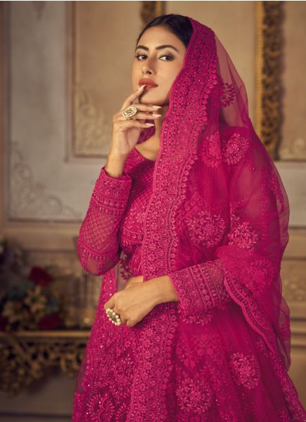 Magenta Net & Banglori Silk Embroidered Wedding-Wear Bridal Lehenga Choli