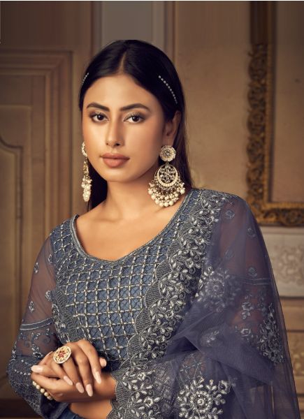 Dark Steel Blue Net & Banglori Silk Embroidered Wedding-Wear Bridal Lehenga Choli