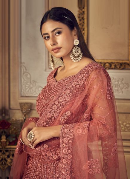 Salmon Net & Banglori Silk Embroidered Wedding-Wear Bridal Lehenga Choli