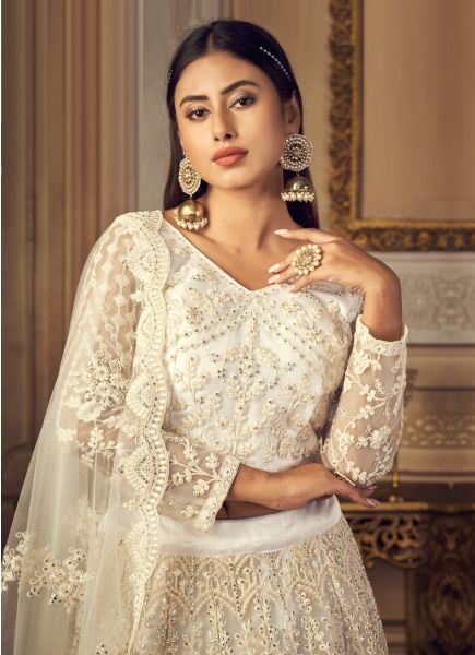 White Net & Banglori Silk Embroidered Wedding-Wear Bridal Lehenga Choli