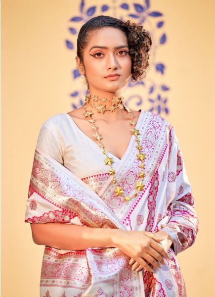 White Banarasi Silk Weaving Festive-Wear Saree
