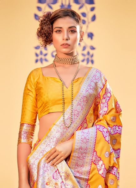 Yellow Banarasi Silk Weaving Festive-Wear Saree