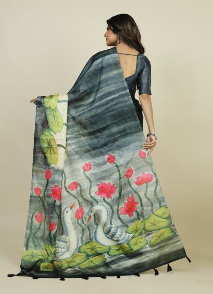 Dark Teal Blue Tusser Silk Floral Digitally Printed Saree For Kitty Parties