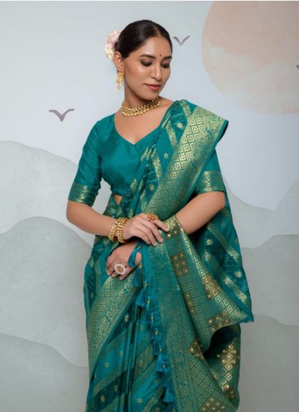 Teal Blue Pure Dola Organza With Sequins-Work Festive Saree