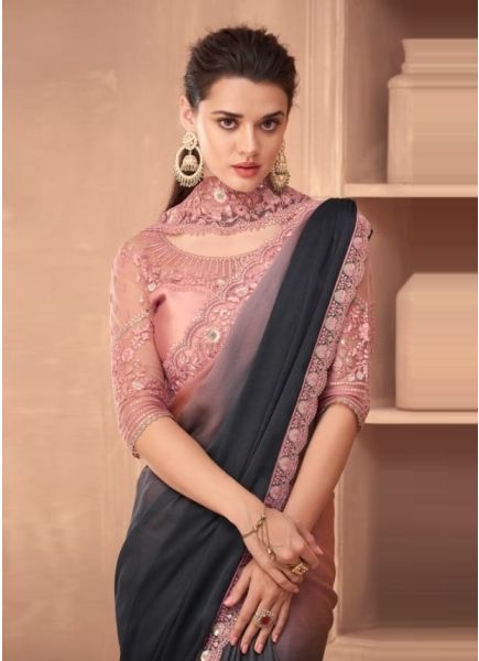 Black & Light Salmon Silk Embroidered Party-Wear Boutique Saree
