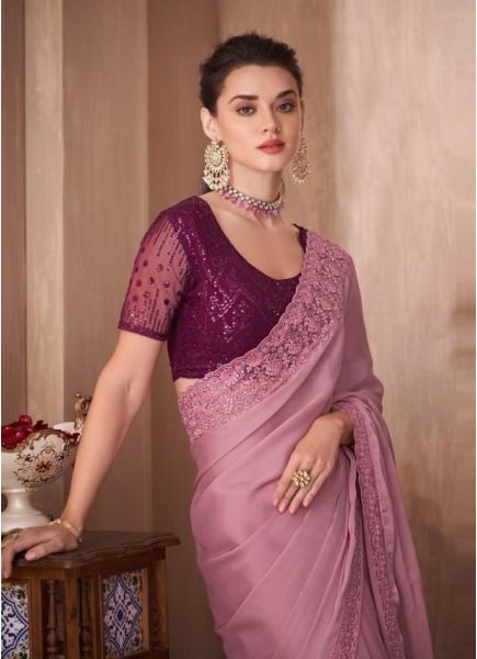 Mauve Pink Silk Embroidered Party-Wear Boutique Saree