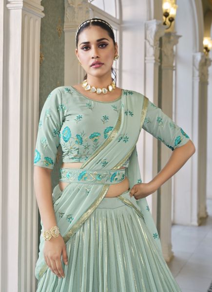 Light Mint Green Georgette Thread, Embroidery & Sequins-Work Party-Wear Lehenga Choli With Belt