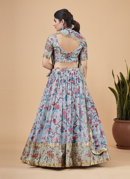 Light Steel Blue Faux Georgette With Zari, Sequins, Embroidery & Digital Printed Party-Wear Lehenga Choli