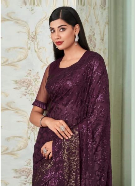 Purple Georgette Embroidered & Sequins-Work Festive-Wear Saree