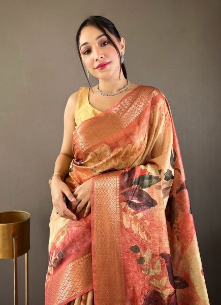 Salmon Tussar Silk Floral Digitally Printed Festive-Wear Saree