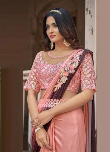 Light Coral Lycra Embroidered Party-Wear Saree With Belt