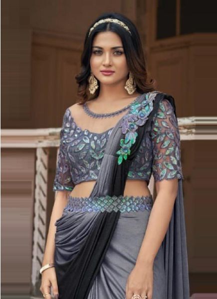 Gray Lycra Embroidered Party-Wear Saree With Belt