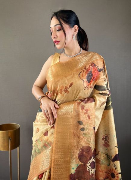 Burlywood Tussar Silk Floral Digitally Printed Festive-Wear Saree