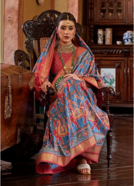 Royal Blue Tussar Silk Digital Printed Party-Wear Saree